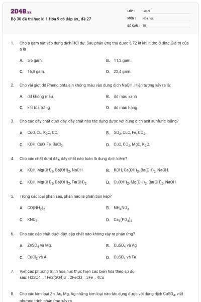 Bộ 30 đề thi học kì 1 Hóa 9 có đáp án_ đề 27