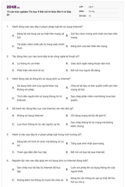 15 câu trắc nghiệm Tin học 9 Kết nối tri thức Bài 4 có đáp án
