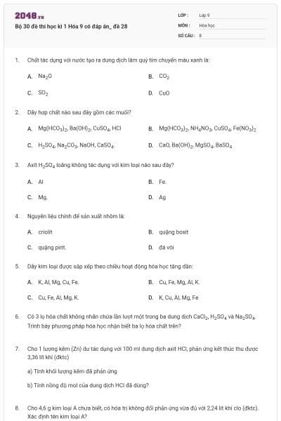 Bộ 30 đề thi học kì 1 Hóa 9 có đáp án_ đề 28