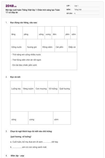 Bài tập cuối tuần Tiếng Việt lớp 1 Chân trời sáng tạo Tuần 17 có đáp án
