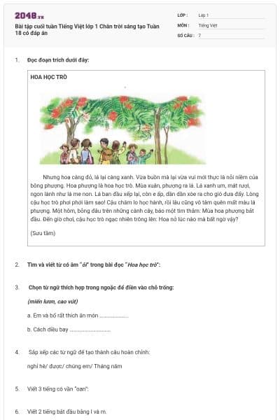 Bài tập cuối tuần Tiếng Việt lớp 1 Chân trời sáng tạo Tuần 18 có đáp án