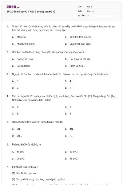 Bộ 20 đề thi học kì 1 Hóa 8 có đáp án (Đề 4)