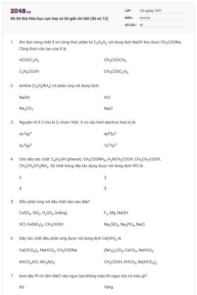 Đề thi thử Hóa học cực hay có lời giải chi tiết (đề số 12)
