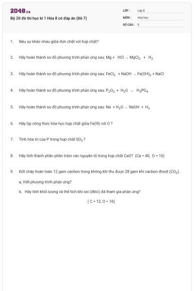 Bộ 20 đề thi học kì 1 Hóa 8 có đáp án (Đề 7)