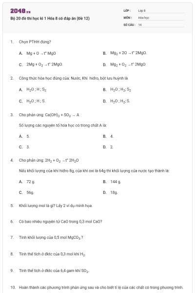 Bộ 20 đề thi học kì 1 Hóa 8 có đáp án (Đề 12)
