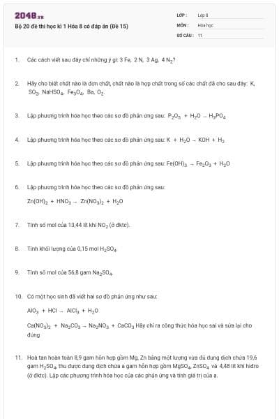 Bộ 20 đề thi học kì 1 Hóa 8 có đáp án (Đề 15)