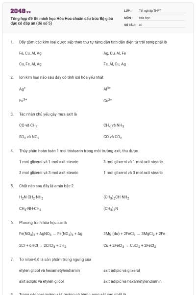 Tổng hợp đề thi minh họa Hóa Hoc chuẩn cấu trúc Bộ giáo dục có đáp án (đề số 5)