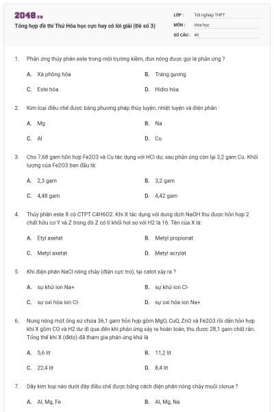 Tổng hợp đề thi Thử Hóa học cực hay có lời giải (Đề số 3)