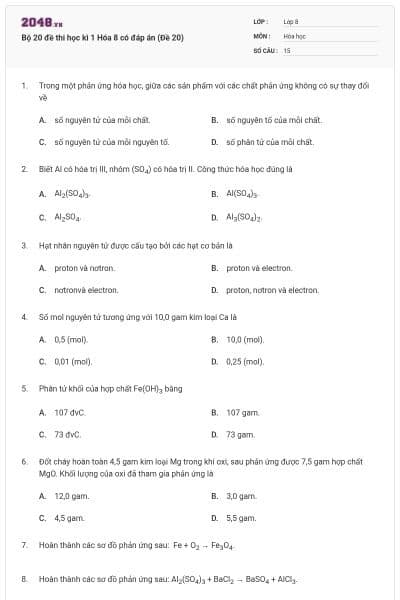 Bộ 20 đề thi học kì 1 Hóa 8 có đáp án (Đề 20)