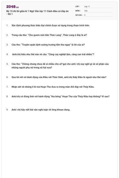 Bộ 15 đề thi giữa kì 1 Ngữ Văn lớp 11 Cánh diều có đáp án - Đề 1