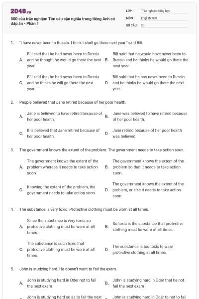 500 câu trắc nghiệm Tìm câu cận nghĩa trong tiếng Anh có đáp án - Phần 1