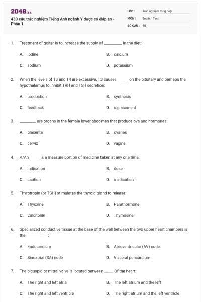 430 câu trắc nghiệm Tiếng Anh ngành Y dược có đáp án - Phần 1