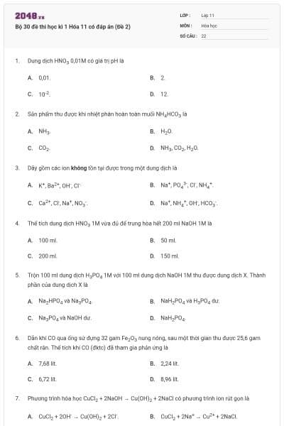 Bộ 30 đề thi học kì 1 Hóa 11 có đáp án (Đề 2)
