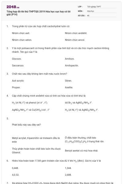 Tổng hợp đề thi thử THPTQG 2019 Hóa học cực hay có lời giải (P14)
