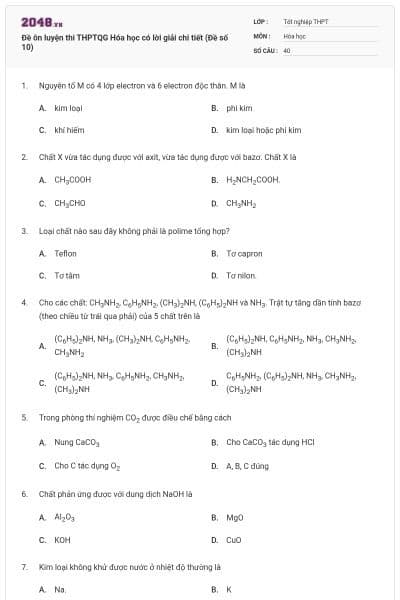 Đề ôn luyện thi THPTQG Hóa học có lời giải chi tiết (Đề số 10)