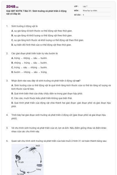 Giải SBT KHTN 7 Bài 31: Sinh trưởng và phát triển ở động vật có đáp án