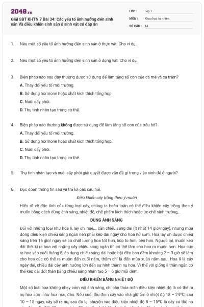 Giải SBT KHTN 7 Bài 34: Các yếu tố ảnh hưởng đến sinh sản Và điều khiển sinh sản ở sinh vật có đáp án