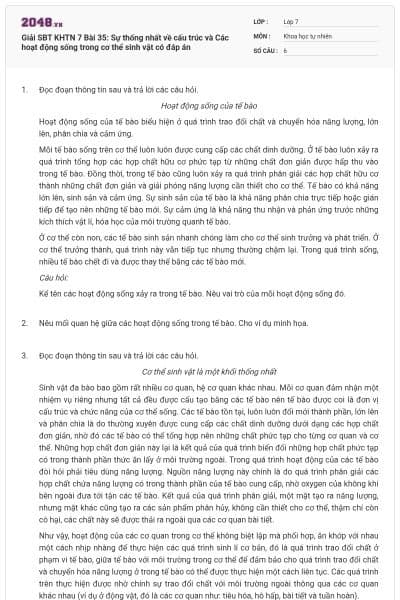 Giải SBT KHTN 7 Bài 35: Sự thống nhất về cấu trúc và Các hoạt động sống trong cơ thể sinh vật có đáp án