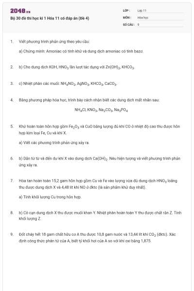 Bộ 30 đề thi học kì 1 Hóa 11 có đáp án (Đề 4)