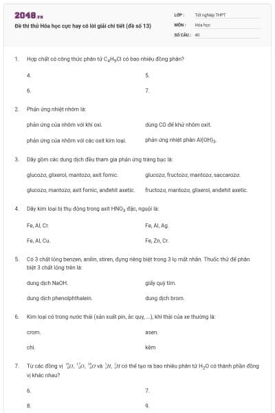 Đề thi thử Hóa học cực hay có lời giải chi tiết (đề số 13)