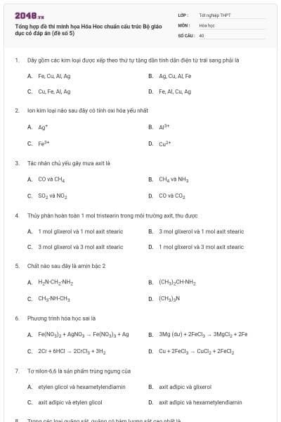 Tổng hợp đề thi minh họa Hóa Hoc chuẩn cấu trúc Bộ giáo dục có đáp án (đề số 5)