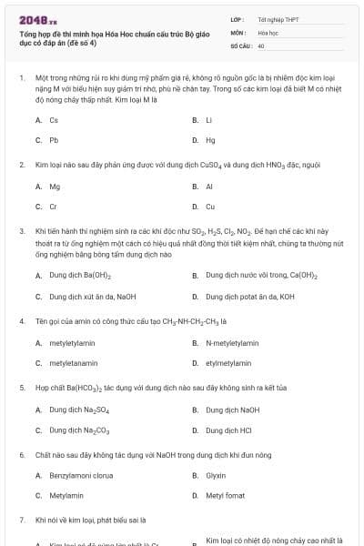 Tổng hợp đề thi minh họa Hóa Hoc chuẩn cấu trúc Bộ giáo dục có đáp án (đề số 4)