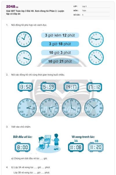 Giải SBT Toán lớp 3 Bài 48. Xem đồng hồ Phần 2. Luyện tập có đáp án