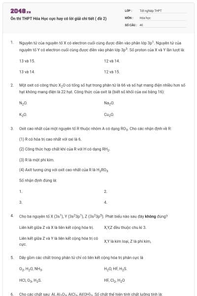 Ôn thi THPT Hóa Học cực hay có lời giải chi tiết ( đề 2)