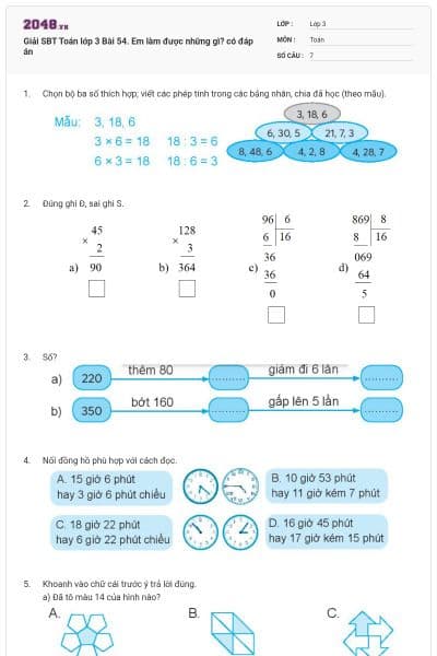 Giải SBT Toán lớp 3 Bài 54. Em làm được những gì? có đáp án