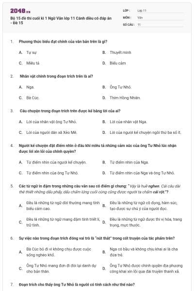Bộ 15 đề thi cuối kì 1 Ngữ Văn lớp 11 Cánh diều có đáp án - Đề 15