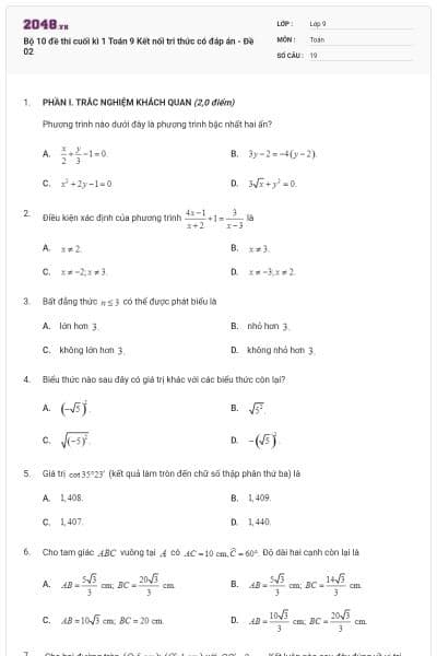 Bộ 10 đề thi cuối kì 1 Toán 9 Kết nối tri thức có đáp án - Đề 02