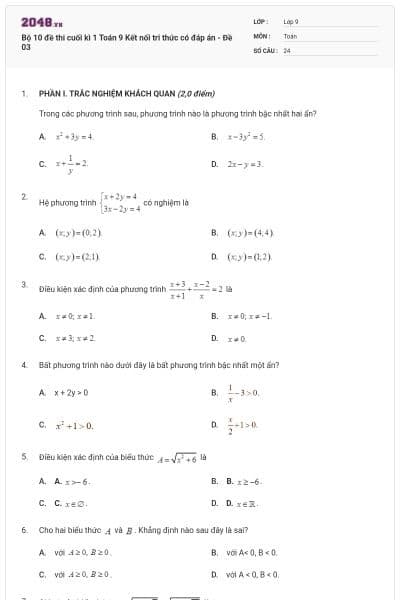 Bộ 10 đề thi cuối kì 1 Toán 9 Kết nối tri thức có đáp án - Đề 03