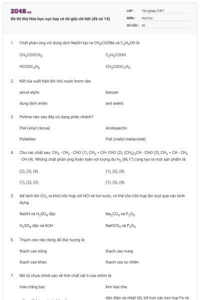 Đề thi thử Hóa học cực hay có lời giải chi tiết (đề số 14)