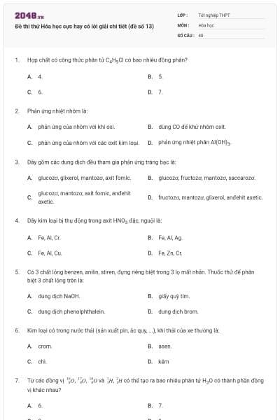 Đề thi thử Hóa học cực hay có lời giải chi tiết (đề số 13)