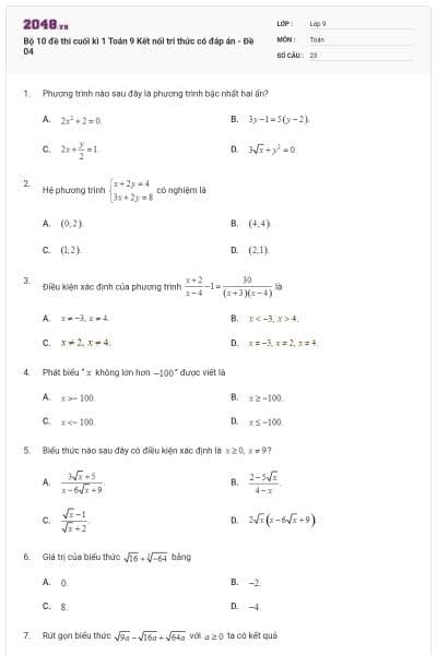 Bộ 10 đề thi cuối kì 1 Toán 9 Kết nối tri thức có đáp án - Đề 04