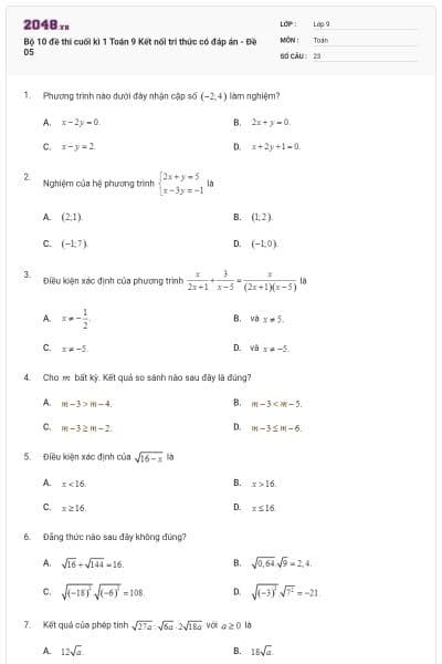 Bộ 10 đề thi cuối kì 1 Toán 9 Kết nối tri thức có đáp án - Đề 05