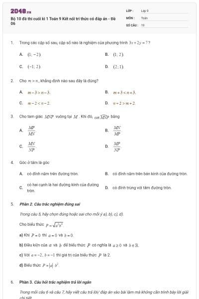 Bộ 10 đề thi cuối kì 1 Toán 9 Kết nối tri thức có đáp án - Đề 06