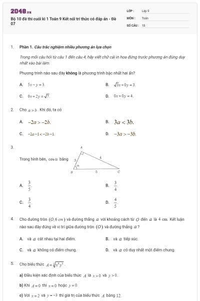 Bộ 10 đề thi cuối kì 1 Toán 9 Kết nối tri thức có đáp án - Đề 07