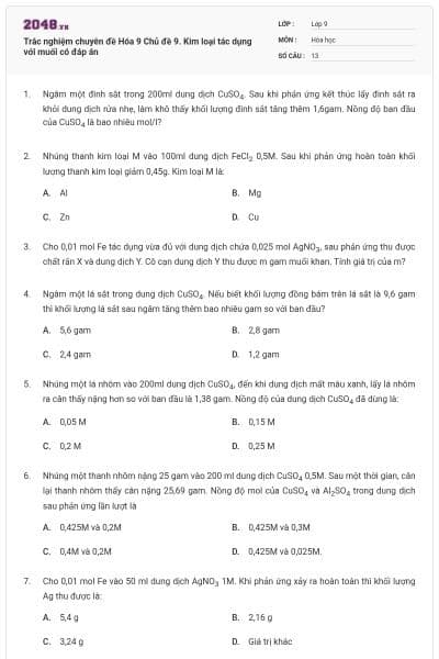 Trắc nghiệm chuyên đề Hóa 9 Chủ đề 9. Kim loại tác dụng với muối có đáp án