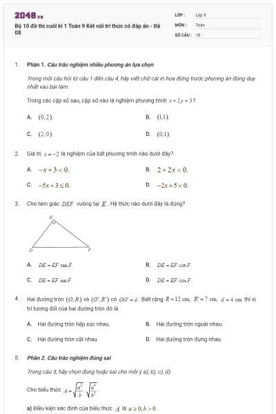 Bộ 10 đề thi cuối kì 1 Toán 9 Kết nối tri thức có đáp án - Đề 08