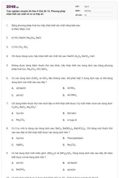 Trắc nghiệm chuyên đề Hóa 9 Chủ đề 10. Phương pháp nhận biết các chất vô cơ có đáp án