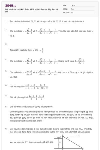 Bộ 10 đề thi cuối kì 1 Toán 9 Kết nối tri thức có đáp án - Đề 09