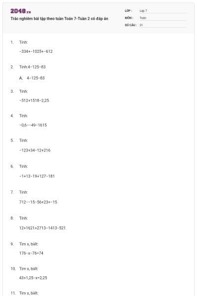 Trắc nghiêm bài tập theo tuần Toán 7-Tuần 2 có đáp án