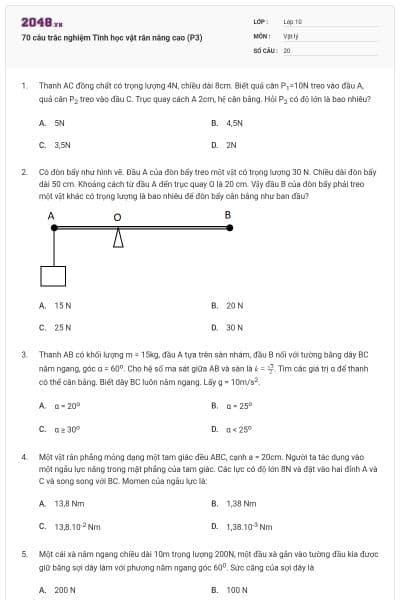 70 câu trắc nghiệm Tĩnh học vật rắn nâng cao (P3)