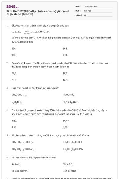 Đề thi thử THPTQG Hóa Học chuẩn cấu trúc bộ giáo dục có lời giải chi tiết (Đề số 10)