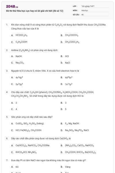 Đề thi thử Hóa học cực hay có lời giải chi tiết (đề số 12)