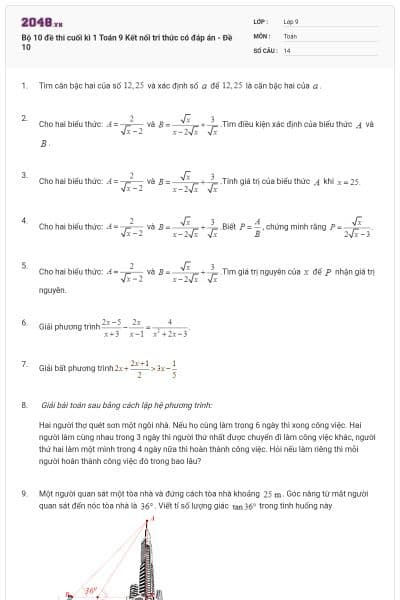 Bộ 10 đề thi cuối kì 1 Toán 9 Kết nối tri thức có đáp án - Đề 10