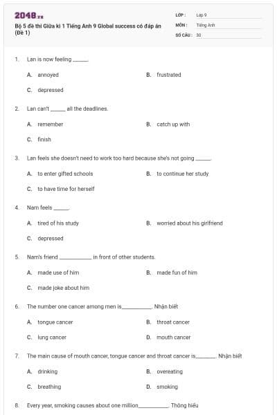 Bộ 5 đề thi Giữa kì 1 Tiếng Anh 9 Global success có đáp án (Đề 1)