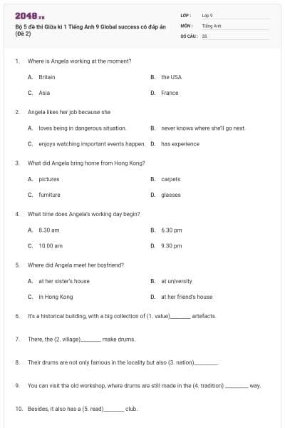 Bộ 5 đề thi Giữa kì 1 Tiếng Anh 9 Global success có đáp án (Đề 2)