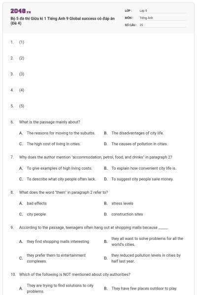 Bộ 5 đề thi Giữa kì 1 Tiếng Anh 9 Global success có đáp án (Đề 4)